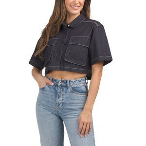 BCBG NEW YORK Indigo Cropped Denim Button Down Top